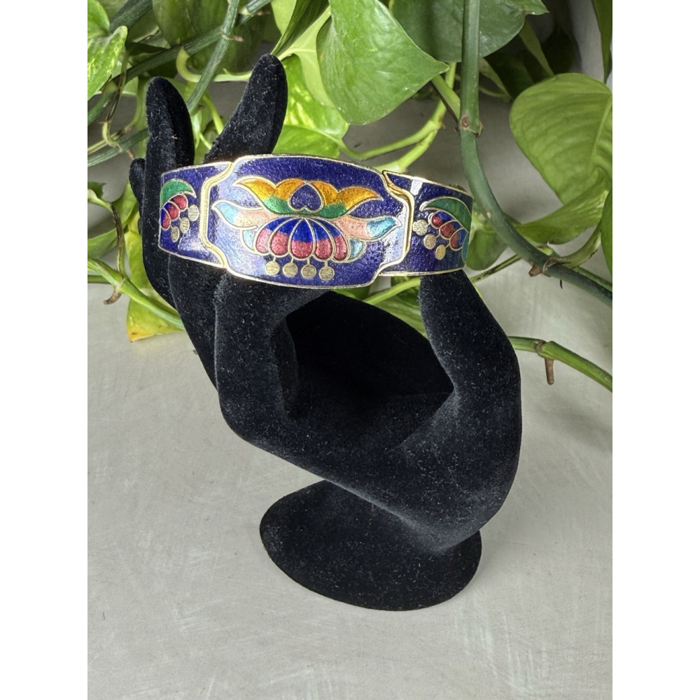 VINTAGE ELEGANT BLUE ENAMEL CLOISONNE CHAMPLEVE GOLDEN STATEMENT CLAMP BRACELET